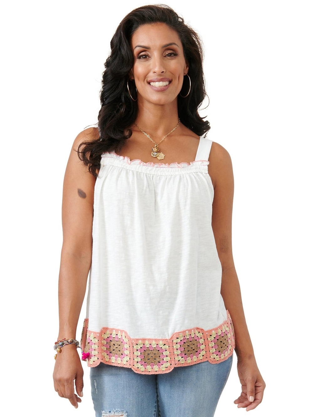 Democracy Ruffle Edge Crochet Hem Tank Top Womens Large White Boho Summer Shirt